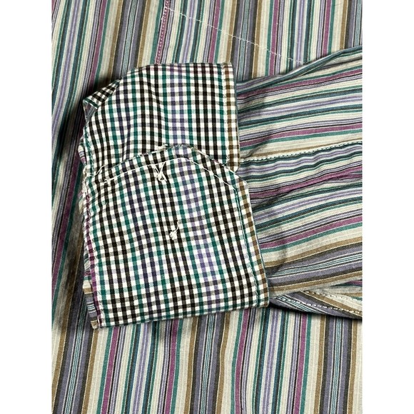 Alan Flusser Mens XL Shirt Striped with plaid Flip Cuff Button Up Long Sleeve - Picture 2 of 5